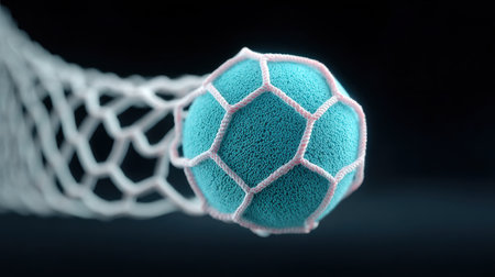 A blue ball is suspended in a net. The net is made of a mesh of stringsの素材