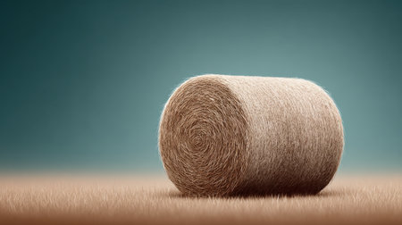 A hay bale is sitting on the grass. The hay bale is brown and has a round shapeの素材