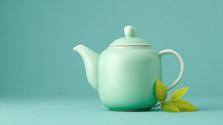 A green tea kettle sits on a blue background. The kettle is the main focus of the image, and the blue background serves as a neutral and calming backdropの素材