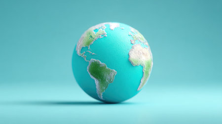 A blue and green globe with the continents of Africa and South America. The globe is sitting on a blue surfaceの素材