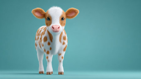 A cute little cow with white spots stands in front of a blue background. Concept of innocence and playfulness, as the cow appears to be posing for a pictureの素材