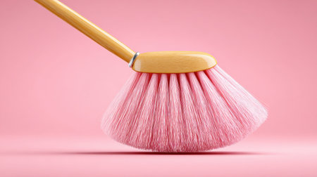 A pink brush is shown on a pink background. The brush is wooden and has a pink handle. The brush is placed on a pink surface, which could be a table or a wallの素材