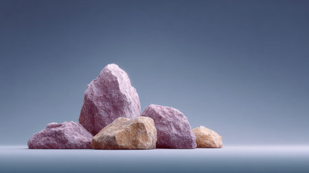 A pile of rocks with a blue background. The rocks are of different sizes and colors, with some being pink and others being brown. The scene has a calm and peaceful moodの素材
