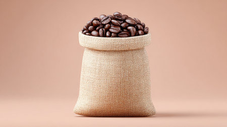 A bag of coffee beans is shown in a close up. The bag is made of a woven material and is filled with coffee beans. The beans are of various sizes and are spread out throughout the bagの素材