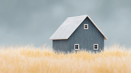 A small blue house is standing in a field of tall grass. The house is surrounded by a lot of grass, and it is a peaceful and serene sceneの素材