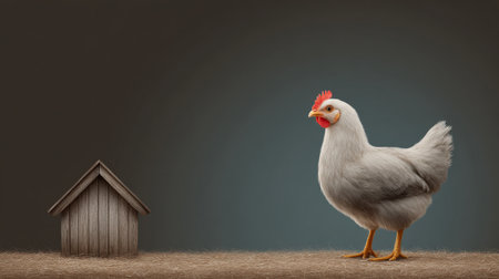 A chicken stands in front of a wooden chicken coop. The coop is small and made of woodの素材