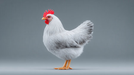 A white chicken with a red beak stands on a grey background. The chicken is the main focus of the image, and it is a close-up shot. The grey background gives the image a calm and peaceful moodの素材