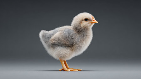 A baby chicken is standing on a grey surface. Concept of innocence and vulnerability, as the small bird is alone and exposedの素材