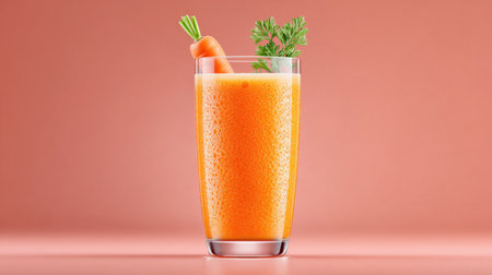A glass of carrot juice with a carrot in it. The glass is half full and the carrot is floating in the juiceの素材