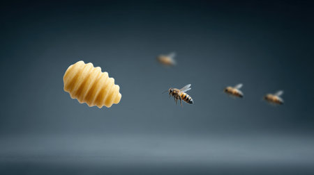 A bee flies over a piece of pasta. The pasta is shaped like a spiral. The image has a playful and whimsical moodの素材