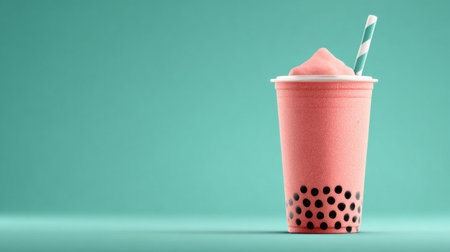 A pink drink with a straw in it. The straw is white and black. The drink is in a plastic cupの素材