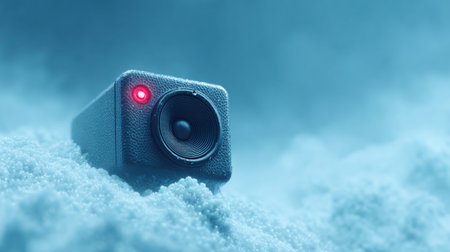 A small box with a red light on it is sitting on top of a pile of snow. The box is surrounded by a blue sky and a white cloudの素材