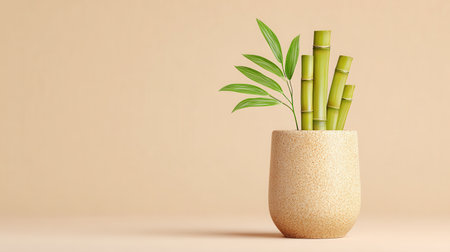 A vase with bamboo leaves and stems sits on a tan background. The vase is the main focus of the image, and the bamboo leaves and stems add a natural and calming touch to the sceneの素材