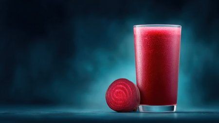 A glass of red juice with a slice of beets on the side. The juice is cold and refreshing, and the beets add a healthy twist to the drink. Concept of relaxation and indulgenceの素材