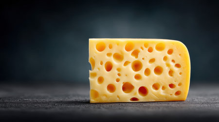 A slice of cheese with holes in it. The cheese is yellow and has a hole in the middleの素材