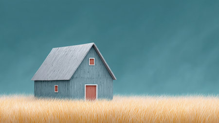 A blue house with a red door sits in a field of tall grass. The sky is cloudy and the grass is dryの素材