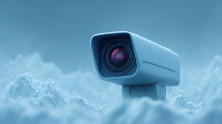 A camera is sitting on top of a snowy mountain. The camera is covered in ice and snow, and it is a security camera. The scene is cold and desolateの素材