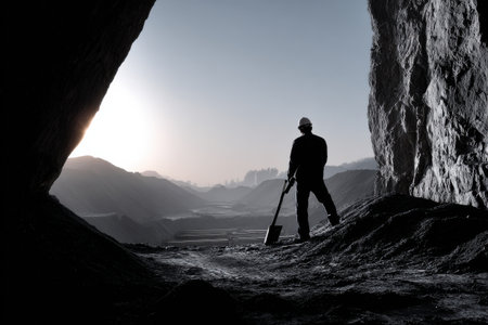 A man is standing in a cave with a shovel. The sky is dark and the man is wearing a hard hatの素材
