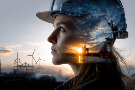 A woman wearing a hard hat is looking out over a city skyline. The sky is cloudy and the sun is settingの素材