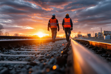 Two men in orange vests walking on a railroad track. The sun is setting in the backgroundの素材