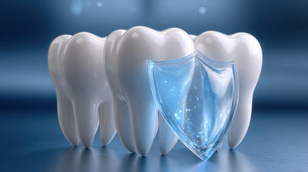 A set of teeth are shown with a clear shield over them. Concept of dental hygiene and protectionの素材