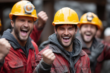 Three men in yellow hard hats are smiling and cheering. They are wearing red jackets and appear to be workers in a construction or mining environment. Scene is positive and energeticの素材