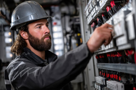A man in a grey jacket and a grey hat is working on a panel of electrical switches. He is focused on the task at hand, and the image conveys a sense of concentration and determinationの素材