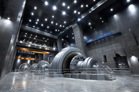 A large industrial building with a large machine in the center. The machine is surrounded by a fence and has a lot of lights. Scene is industrial and mechanicalの素材