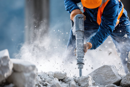 A man in a blue and orange outfit is using a jackhammer to break up rocks. The scene is intense and dangerous, as the man is working in a potentially hazardous environment. Concept of hard workの素材