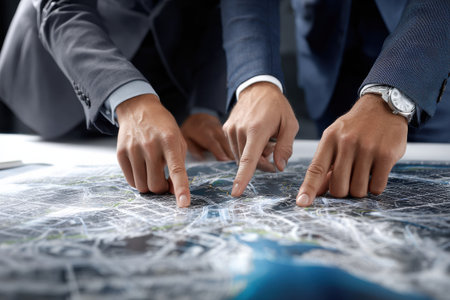 Two men are pointing at a map, one of them is wearing a watch. Scene is serious and focused, as the two men are likely discussing important information on the mapの素材