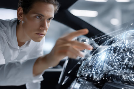 A man is looking at a computer screen with a car on it. He is pointing at the car and seems to be interested in itの素材