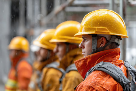 A group of men wearing yellow helmets and orange jackets stand in a line. They are all wearing backpacks and appear to be workersの素材