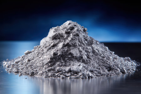A pile of silver powder is on a table. The silver powder is shiny and reflective. Concept of mystery and intrigue, as the silver powder appears to be a rare and valuable substanceの素材