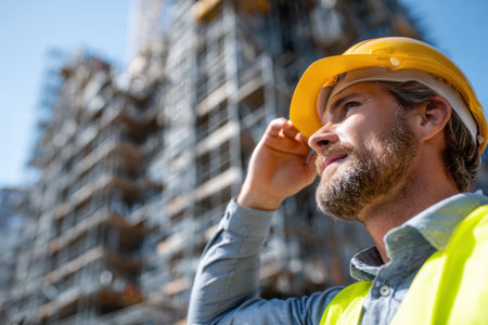 A man wearing a yellow hard hat and a safety vest is standing in front of a building. He is looking up at the sky and he is enjoying the viewの素材