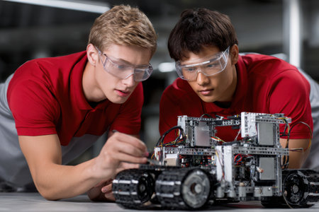 Two men are working on a robot. One of them is wearing goggles. The robot is made of metal and has a lot of wiresの素材