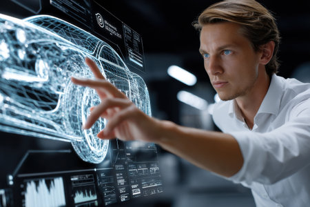 A man is pointing at a car on a computer screen. The car is a futuristic design with a sleek, aerodynamic shape. The man is excited about the car's designの素材