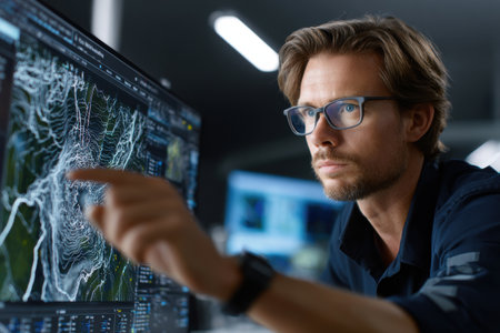 A man is pointing at a computer monitor displaying a map. He is wearing glasses and he is focused on the screenの素材