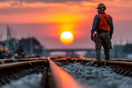 A man in a safety vest stands on a railroad track looking at the sun. The sun is setting, casting a warm glow over the scene. The man is wearing a hard hatの素材