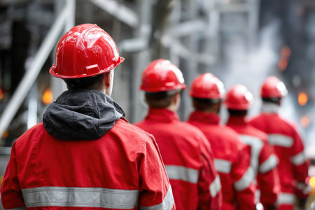 A group of construction workers wearing red helmets and jackets stand in a line. Concept of teamwork and unity among the workers, as they are all dressed similarlyの素材