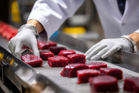 A butcher is cutting up meat on a conveyor belt. The meat is red and he is beef. The butcher is wearing gloves and a white lab coatの素材