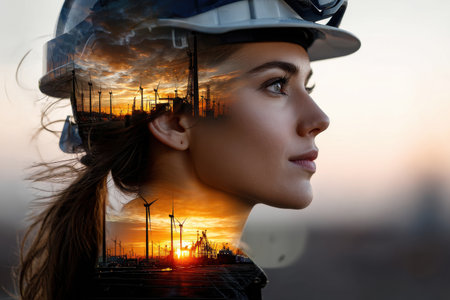A woman wearing a hard hat and a helmet is looking at the camera. The image is a collage of different elements, including a sunset, wind turbines, and a power plant. Scene is one of industryの素材