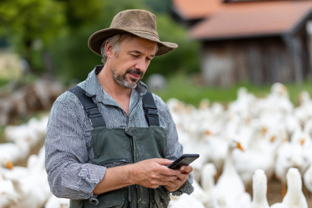 A man in a hat and overalls is looking at his cell phone while standing in a field with ducksの素材