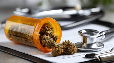 A bottle of marijuana is on a table next to a stethoscope. The bottle is half empty and the marijuana is scattered on the tableの素材