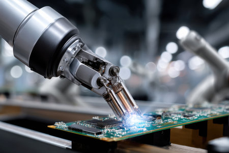 A robot is working on a circuit board. The robot is made of metal and has a mechanical arm. The robot is focused on its task and he is working diligently. Concept of precision and efficiencyの素材