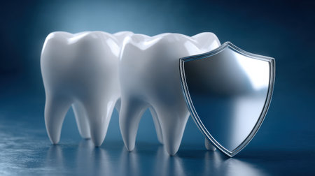 Three teeth are shown with a silver shield in between them. The shield is reflective and the teeth are white. The image conveys the importance of dental hygieneの素材