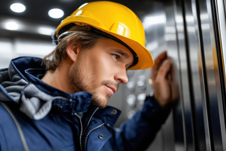 A man in a yellow hard hat is leaning against a wall. He is wearing a blue jacket and a blue hatの素材