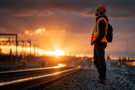 A man in an orange vest stands on a railroad track looking out at the sunset. The scene is peaceful and serene, with the orange and pink hues of the sunset creating a warm and calming atmosphereの素材