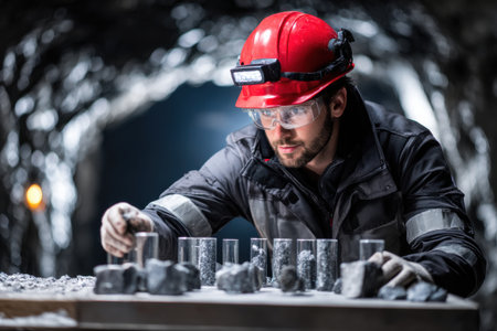 A man in a red helmet is working in a dark cave. He is wearing a black jacket and gogglesの素材