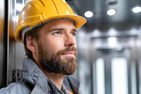 A man with a yellow hard hat is looking up at the ceiling. He is wearing a grey jacket and a grey shirtの素材