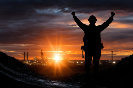 A man is standing in the middle of a field with a bright sun in the background. He is holding his arms up in the air, as if celebrating something. Scene is one of triumph and joyの素材